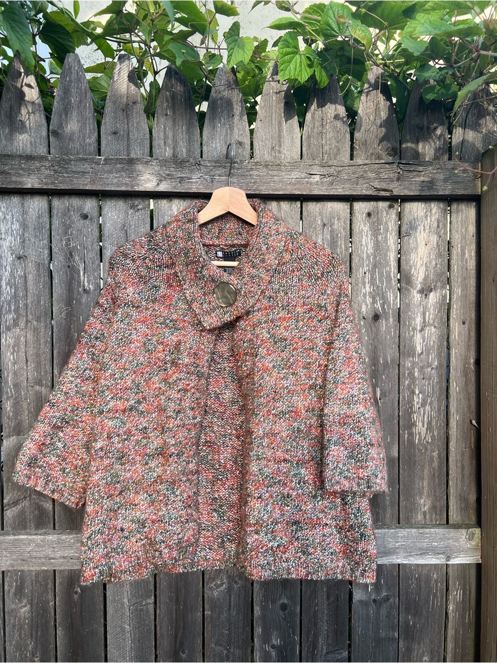 Carole Little Chunky Knit Cardigan Mixed Yarn Drapey 3/4 Sleeve Button Collar M